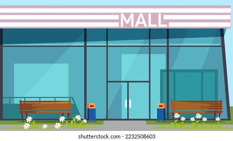 Ilustración vectorial de la fachada del centro comercial. Caricatura en la entrada principal de un edificio comercial con tienda, tienda y supermercado, tienda moderna con ventanas y puertas de vidrio despejadas, bancos vacíos en la carretera