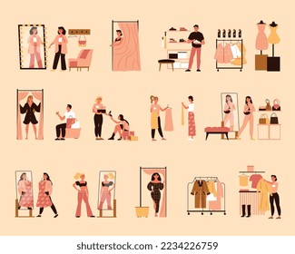 Centro comercial conjunto de color plano de los clientes probando ropa nueva en la sala de vestir y ayudantes ayudando a encontrar la ilustración vectorial aislada