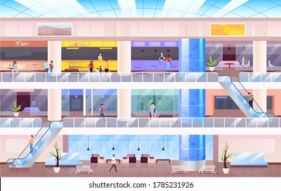 Shopping mall flat color vector illustration. People in large mall 2D cartoon characters with skyline on background. Multistorey hall with various stores. Modern retail space, commercial business