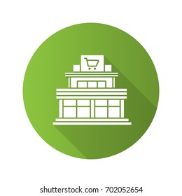 Shopping mall flat design long shadow glyph icon. Emporium. Vector silhouette illustration