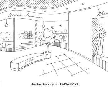 Shopping mall graphic black white interior sketch illustration vector