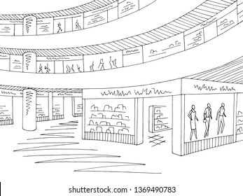 Shopping mall graphic black white interior sketch illustration vector