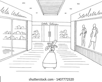 Shopping Mall Graphic Black White Interior Sketch Illustration Vector