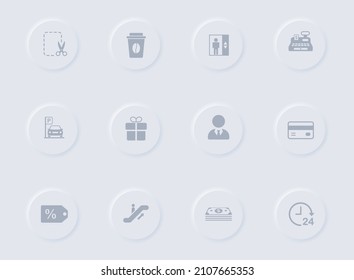 iconos vectoriales grises del centro comercial en botones de goma redondos. conjunto de iconos de centro comercial para web, aplicaciones móviles, diseño ui y poligrafía de negocio de promoción