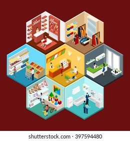 Shopping Mall Hexagonal Honeycomb Isometric Pattern Composition With Toys Clothing And Grocery Department Stores Abstract Vector Illustration