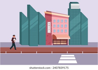 Shopping mall and hotels concept. Colored flat vector illustration isolated.