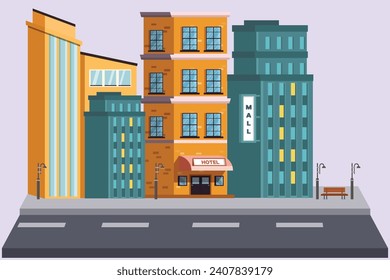 Shopping mall and hotels concept. Colored flat vector illustration isolated.