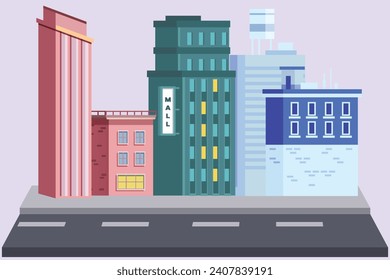 Shopping mall and hotels concept. Colored flat vector illustration isolated.