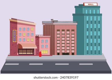 Shopping mall and hotels concept. Colored flat vector illustration isolated.