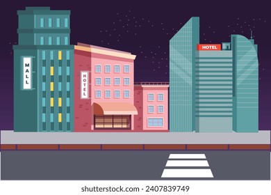 Shopping mall and hotels concept. Colored flat vector illustration isolated.