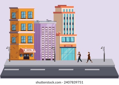 Shopping mall and hotels concept. Colored flat vector illustration isolated.