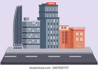 Shopping mall and hotels concept. Colored flat vector illustration isolated.