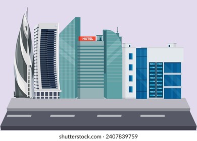 Shopping mall and hotels concept. Colored flat vector illustration isolated.