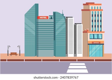 Shopping mall and hotels concept. Colored flat vector illustration isolated.