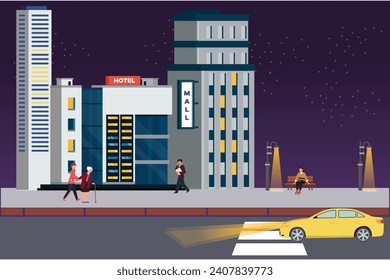 Einkaufszentrum und Hotelkonzept. Farbige, flache Vektorgrafik einzeln.