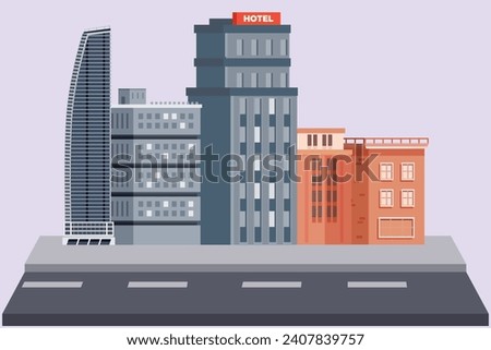 Shopping mall and hotels concept. Colored flat vector illustration isolated.