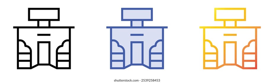 Icono de centro comercial. Lineal, relleno azul y diseño de estilo degradado aislado sobre fondo blanco
