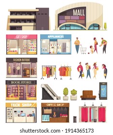 Shopping mall icon set with mall gift shop fashion boutique book store tech shop and coffee descriptions vector illustration