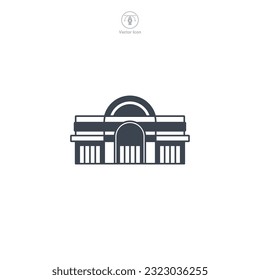 Shopping Mall icon vector illustrates a stylized retail complex, embodying shopping, commerce, consumerism, variety, and entertainment