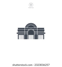 Shopping Mall icon vector illustrates a stylized retail complex, embodying shopping, commerce, consumerism, variety, and entertainment