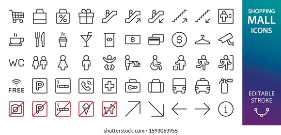 Shopping Mall icons set. Set of toilet signs, invalid wc, mother and baby room, diaper change, atm, information, no smoking, no parking, pets, ice cream, no camera photo, currency exchange icon