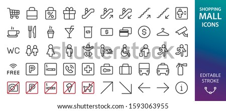 Shopping Mall icons set. Set of toilet signs, invalid wc, mother and baby room, diaper change, atm, information, no smoking, no parking, pets, ice cream, no camera photo, currency exchange icon