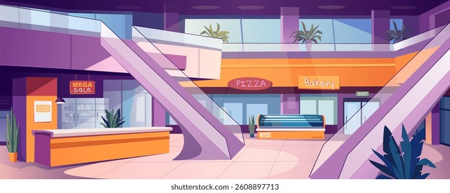 Shopping mall indoor background banner for game design. Large mall interior with escalators in hall, pizza cafeteria, bakery shop and other stores, showcases and showrooms. Vector cartoon illustration
