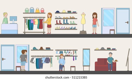 Shopping mall interior. Indoor interior. Fashion boutique. Mirrors and shelves and customer.