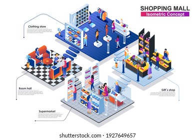 Shopping mall interior isometric concept. People characters work in departments: room hall, clothing store, gift shop, supermarket. Shopping and retail scene. Vector flat illustration in 3d design.