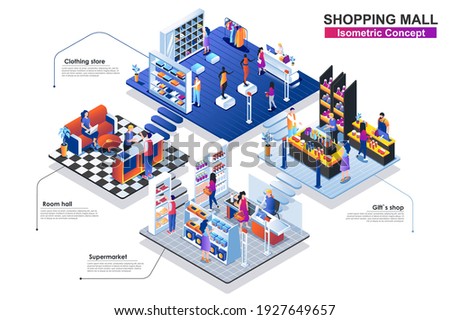 Shopping mall interior isometric concept. People characters work in departments: room hall, clothing store, gift shop, supermarket. Shopping and retail scene. Vector flat illustration in 3d design.