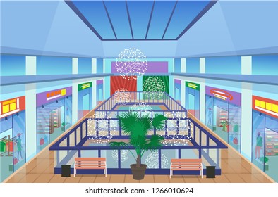 Shopping Mall Interior With Plants And Benches. Vector Illustration Modern Boutiques In Mall.