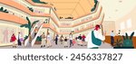 Shopping mall interior scene with people walking, spending time in retail stores. Consumers, buyers in modern multi-storey center with escalators, levels. Shoppers indoors. Flat vector illustration