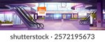 Shopping mall interior. Vector cartoon illustration of empty modern department store with shop windows, fashion boutique, grocery supermarket, escalator, discount and sale banners, shopping space