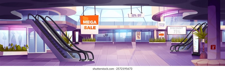 Shopping mall interior. Vector cartoon illustration of empty modern department store with shop windows, fashion boutique, grocery supermarket, escalator, discount and sale banners, shopping space