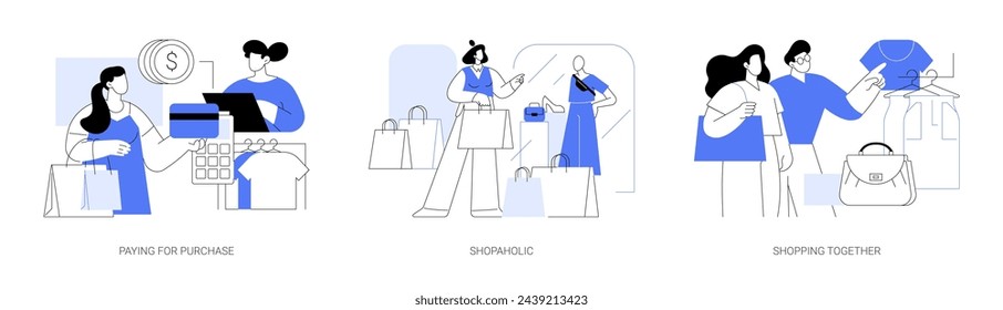 Centro comercial aislado dibujos animados vector conjunto. La muchacha feliz paga para la compra en el mostrador de la tienda, comprando ropa adicta a las compras en la venta, pareja con los bolsos en una caricatura vectorial de la tienda grande.