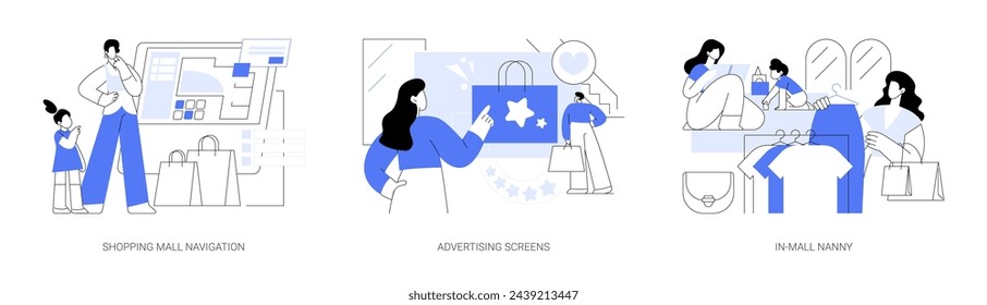 Shopping mall isolated cartoon vector illustrations set. Customer look at navigation screen, advertising led displays, in-mall nanny, babysitter playing with kid, smart retail vector cartoon.