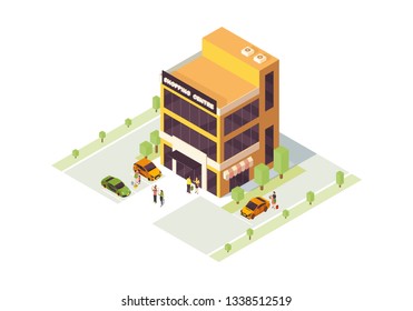 Shopping mall isometric color vector illustration. Doing purchases infographic. City shopping center building 3d concept. Commercial business. Consumerism. Webpage, mobile app design