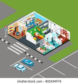 Shopping mall Isometric icons in scheme of one storied shopping center with parking place beside vector illustration