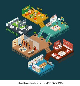 Shopping mall Isometric scheme with different floors and areas and flat icons of people goods and interior vector illustration