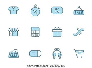 shopping mall line filled icons in two colors isolated on white background. shopping mall blue icon set for web design, ui, mobile apps, print polygraphy and promo business