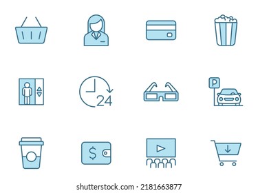 shopping mall line filled icons in two colors isolated on white background. shopping mall blue icon set for web design, ui, mobile apps, print polygraphy and promo business