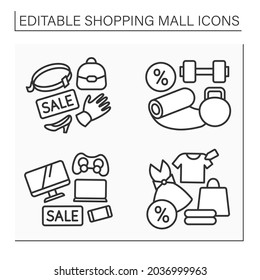 Shopping mall line icon. Leather accessories, fashion boutique, electrical store. Sports shop. Mall complex concept. Isolated vector illustration. Editable stroke