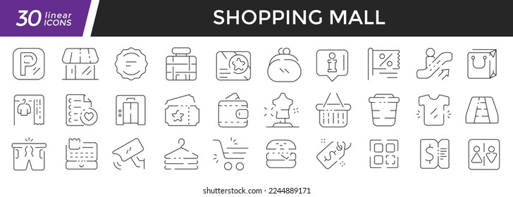 Shopping mall linear icons set. Collection of 30 icons in black
