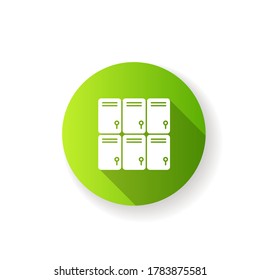 Localizadores de centros comerciales diseño plano icono de glifo de sombra larga. Comprar almacenamiento para sus pertenencias personales. Cajas de acero cerradas. Sala de guardarropa. Ilustración de color RGB de silueta