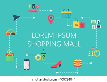 Shopping Mall Map Concept Vector. City Shopping Trade Center, Boutique Gallery Indoor Store. Interactive Navigation Icons Infographic.