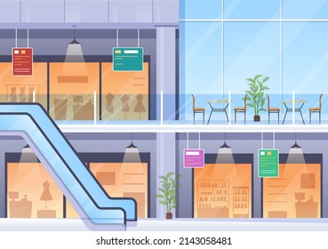 Shopping Mall Modern Background Illustration with Interior Inside, Escalator and Various Retail Store in Flat Style Design