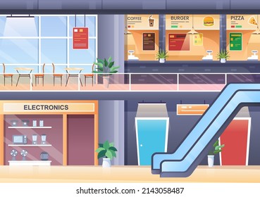 Shopping Mall Modern Background Illustration with Interior Inside, Escalator and Various Retail Store in Flat Style Design