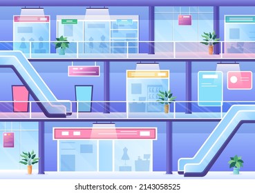 Shopping Mall Modern Background Illustration with Interior Inside, Escalator and Various Retail Store in Flat Style Design