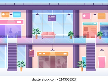 Shopping Mall Modern Background Illustration with Interior Inside, Escalator and Various Retail Store in Flat Style Design