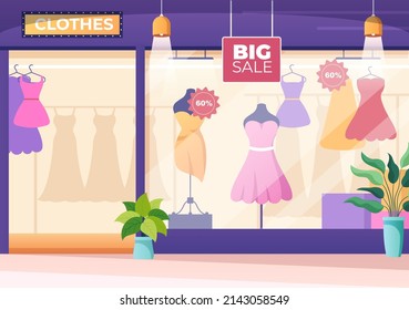 Shopping Mall Modern Background Illustration with Interior Inside, Escalator and Various Retail Store in Flat Style Design